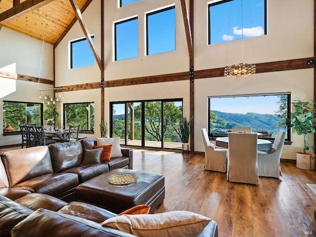 living area with wood-type flooring, wood ceiling, high vaulted ceiling, and beamed ceiling