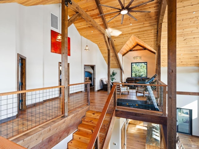 interior space with a ceiling fan, visible vents, high vaulted ceiling, wood ceiling, and wood finished floors