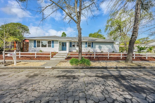 ranch-style house with a fenced front yard