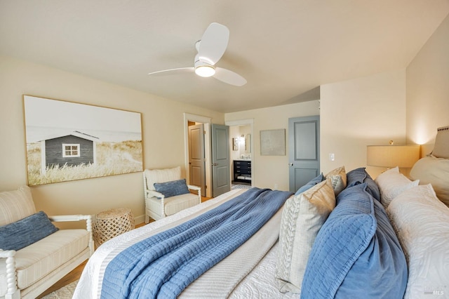 bedroom featuring ceiling fan and wood finished floors