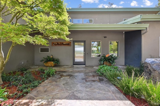 view of exterior entry with stucco siding
