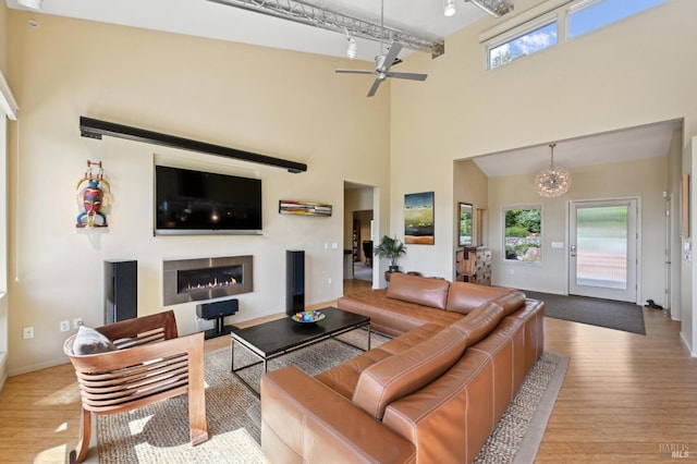 living room with track lighting, wood finished floors, a lit fireplace, and a healthy amount of sunlight