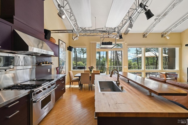 kitchen featuring a sink, ventilation hood, light wood-type flooring, stainless steel stove, and stainless steel countertops