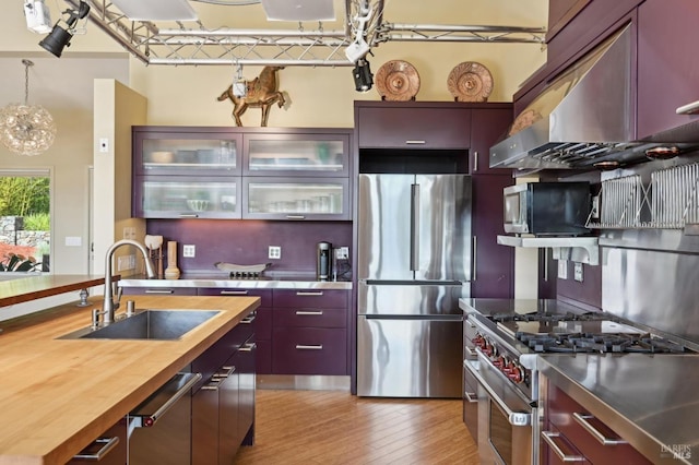 kitchen featuring a sink, ventilation hood, light wood-style floors, stainless steel countertops, and stainless steel appliances