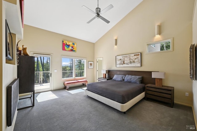 bedroom featuring carpet floors, high vaulted ceiling, access to outside, and a ceiling fan