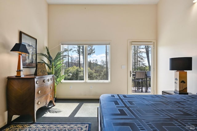 bedroom featuring access to exterior and baseboards