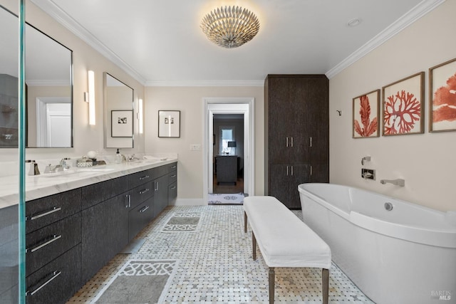 bathroom featuring crown molding, double vanity, and a sink