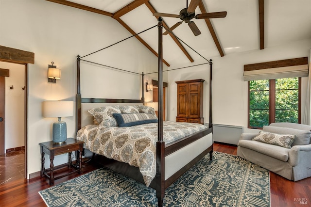 bedroom featuring high vaulted ceiling, baseboards, beam ceiling, and wood finished floors