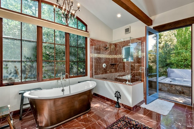 full bath featuring baseboards, a stall shower, visible vents, a freestanding bath, and marble finish floor