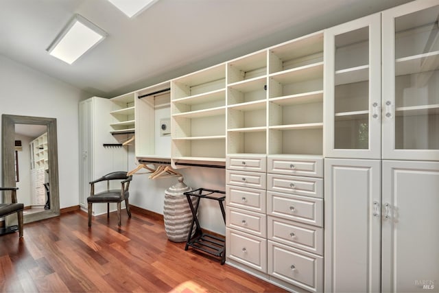 spacious closet featuring dark wood-style floors and lofted ceiling