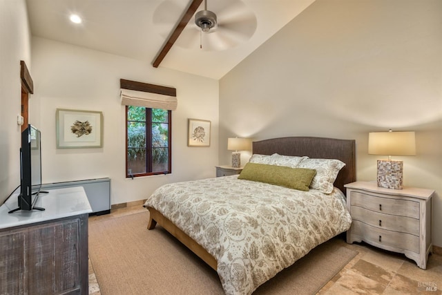 bedroom featuring recessed lighting, baseboards, a ceiling fan, and lofted ceiling with beams