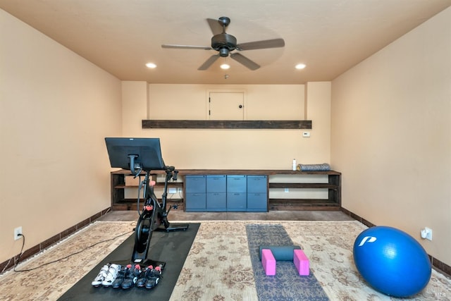 workout room featuring baseboards, a ceiling fan, and recessed lighting