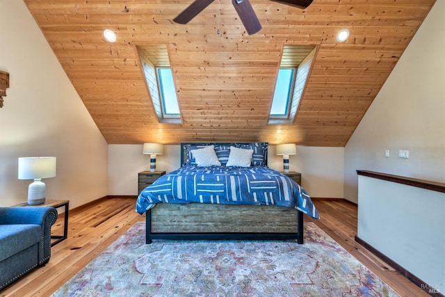 bedroom with wood-type flooring, baseboards, wooden ceiling, and vaulted ceiling with skylight