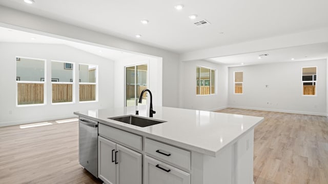 kitchen featuring a sink, light wood-style flooring, open floor plan, stainless steel dishwasher, and visible vents