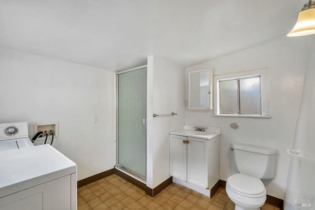 bathroom with washer / dryer, baseboards, toilet, and a stall shower