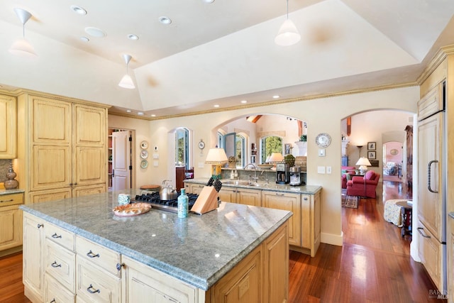 kitchen with a raised ceiling, arched walkways, a sink, dark wood-style flooring, and stainless steel gas stovetop