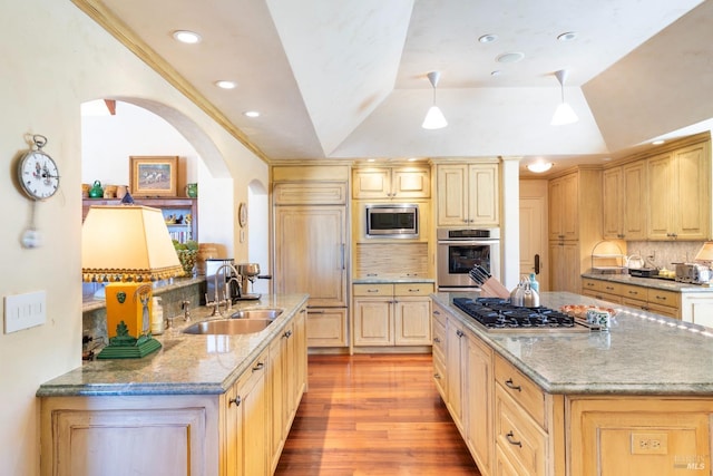 kitchen with arched walkways, a kitchen island, a sink, light wood finished floors, and built in appliances