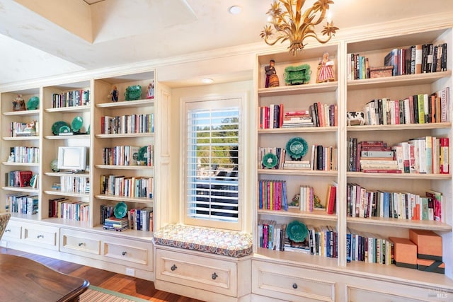 living area featuring dark wood-style flooring and bookshelves