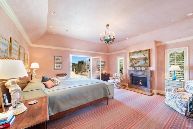 bedroom featuring baseboards, an inviting chandelier, recessed lighting, a fireplace, and crown molding