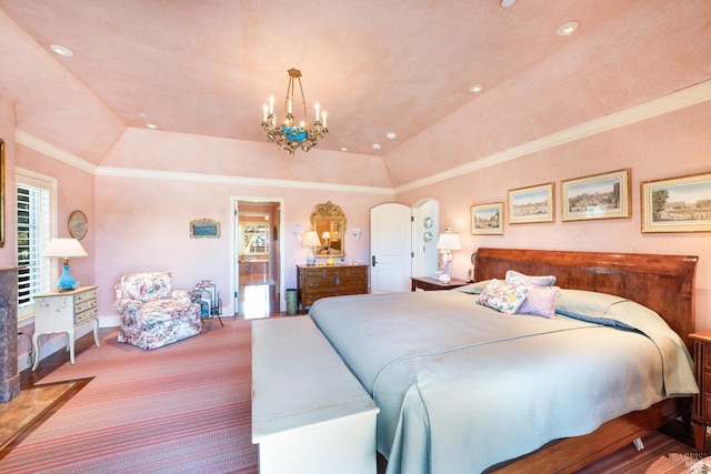 bedroom featuring crown molding, baseboards, a chandelier, and lofted ceiling