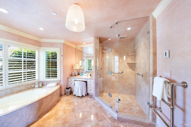 full bath with vanity, crown molding, a shower stall, visible vents, and a garden tub