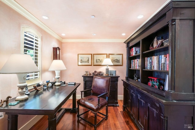 office space featuring crown molding, baseboards, dark wood-style floors, and recessed lighting