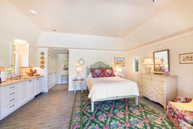 bedroom with a sink, multiple windows, and a raised ceiling