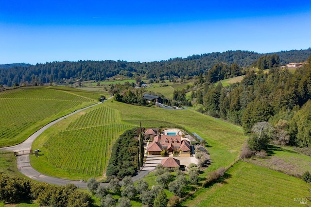 aerial view with a wooded view and a rural view