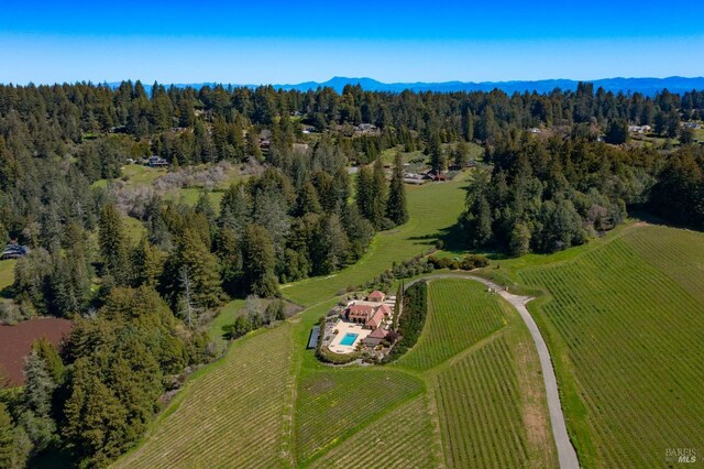 bird's eye view featuring a wooded view