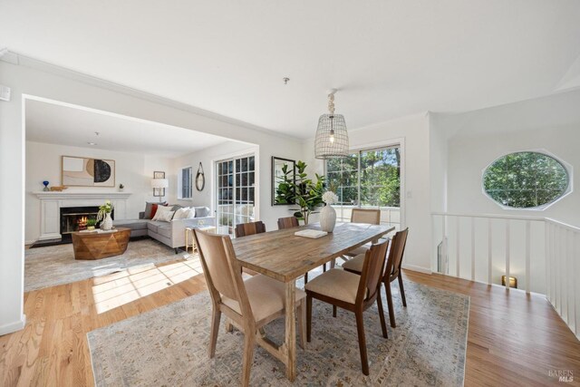 240 Del Casa Dr, Mill Valley, CA 94941 - dining area featuring a lit fireplace, light wood-style floors, and ornamental molding