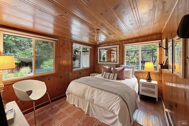 bedroom featuring a baseboard radiator, wood finished floors, wooden walls, and wood ceiling