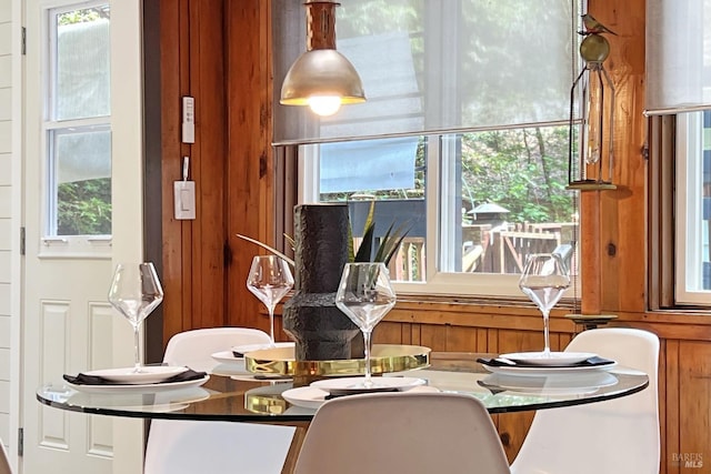 dining space featuring wooden walls and a healthy amount of sunlight
