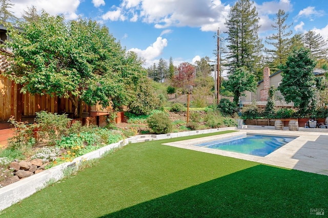 view of swimming pool featuring fence, a fenced in pool, a patio, and a lawn