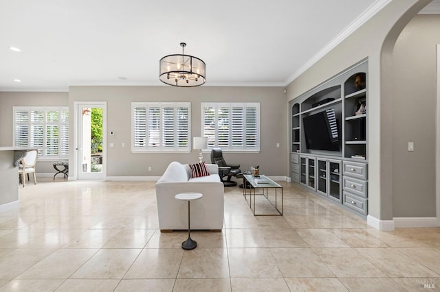 living area featuring ornamental molding, baseboards, arched walkways, and light tile patterned flooring