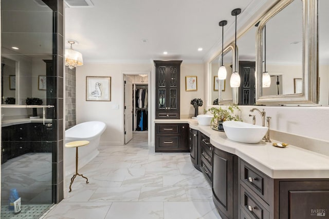 full bath with crown molding, a soaking tub, vanity, marble finish floor, and a stall shower