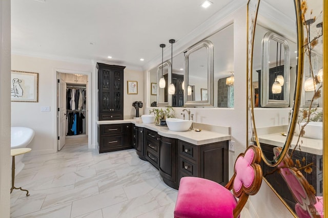 full bathroom featuring crown molding, recessed lighting, marble finish floor, and vanity