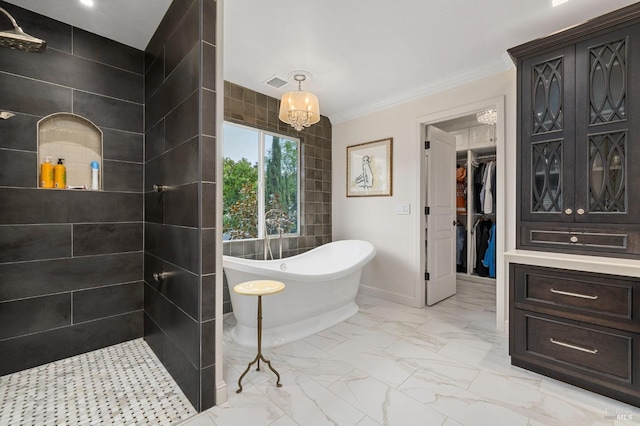 full bath with a soaking tub, walk in shower, a walk in closet, visible vents, and marble finish floor