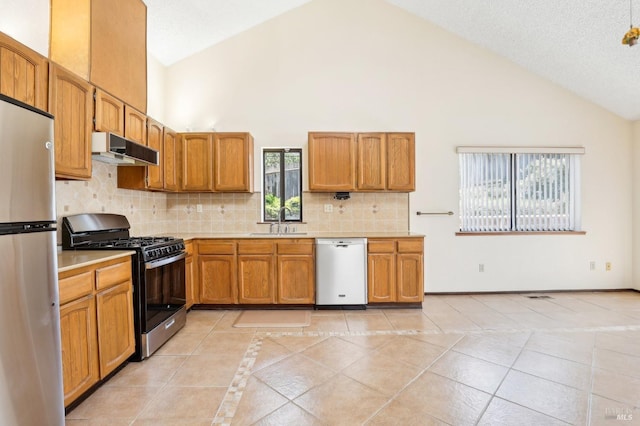 kitchen with a sink, light countertops, high vaulted ceiling, under cabinet range hood, and stainless steel appliances