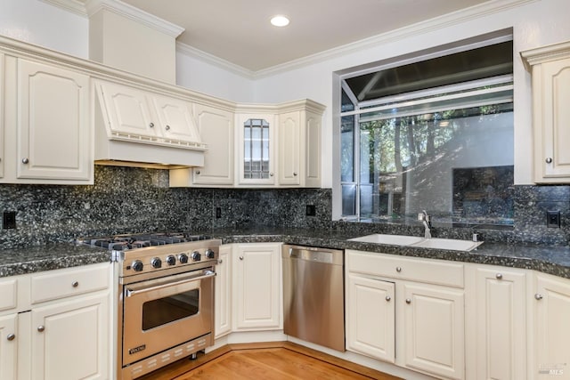 1065 Meadowsweet Dr, Corte Madera, CA 94925 - kitchen with a sink, ornamental molding, light wood-style floors, stainless steel appliances, and decorative backsplash