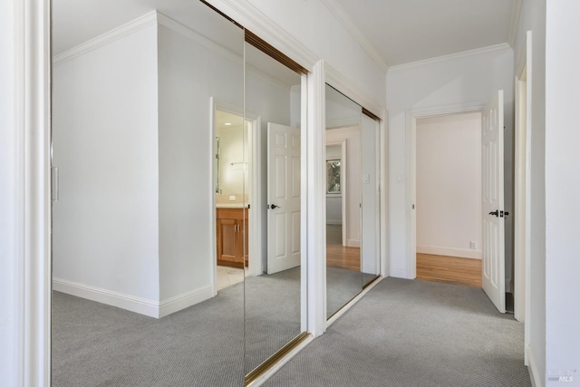 1065 Meadowsweet Dr, Corte Madera, CA 94925 - hallway featuring ornamental molding, baseboards, and light carpet