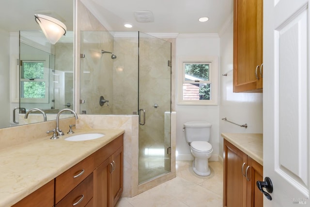 1065 Meadowsweet Dr, Corte Madera, CA 94925 - bathroom featuring ornamental molding, toilet, vanity, tile patterned floors, and a stall shower