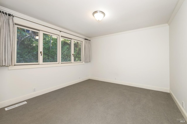 1065 Meadowsweet Dr, Corte Madera, CA 94925 - unfurnished room featuring ornamental molding, visible vents, baseboards, and dark colored carpet