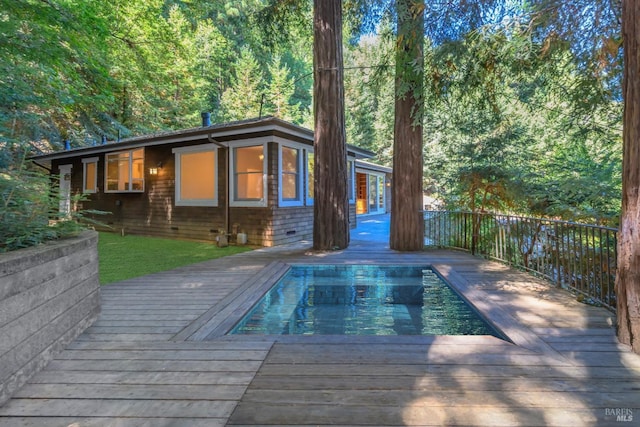 1065 Meadowsweet Dr, Corte Madera, CA 94925 - view of swimming pool featuring a forest view, a wooden deck, and a fenced in pool