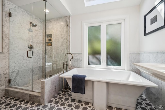 1423 Butterfield Rd, San Anselmo, CA 94960 - full bath with tile walls, a stall shower, a soaking tub, and a wainscoted wall
