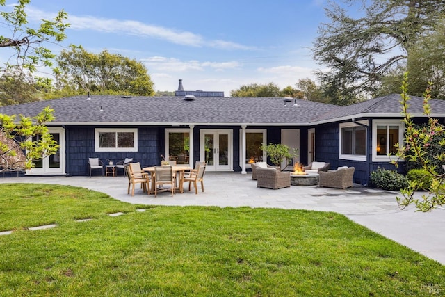 1423 Butterfield Rd, San Anselmo, CA 94960 - back of house featuring french doors, an outdoor hangout area, a patio area, a lawn, and roof with shingles