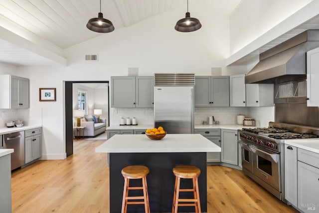 1423 Butterfield Rd, San Anselmo, CA 94960 - kitchen with high end appliances, decorative backsplash, light countertops, a kitchen bar, and wood ceiling