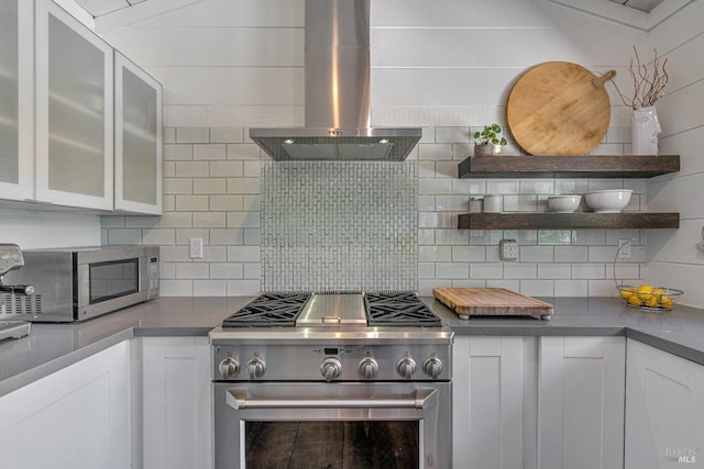 139 Deer Hollow Rd, San Anselmo, CA 94960 - kitchen with stainless steel appliances, island range hood, white cabinetry, and open shelves