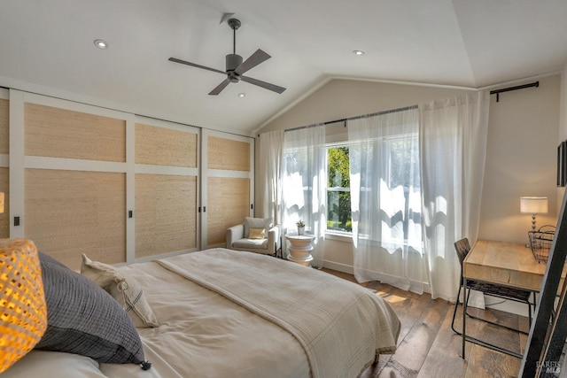 bedroom featuring wood-type flooring, vaulted ceiling, recessed lighting, and ceiling fan