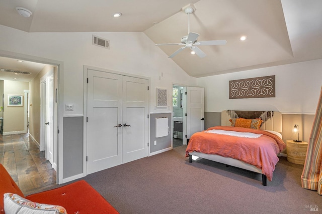 bedroom with high vaulted ceiling, recessed lighting, ceiling fan, and a closet
