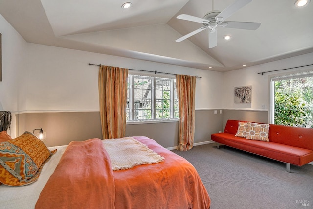 carpeted bedroom with recessed lighting, lofted ceiling, baseboards, and ceiling fan